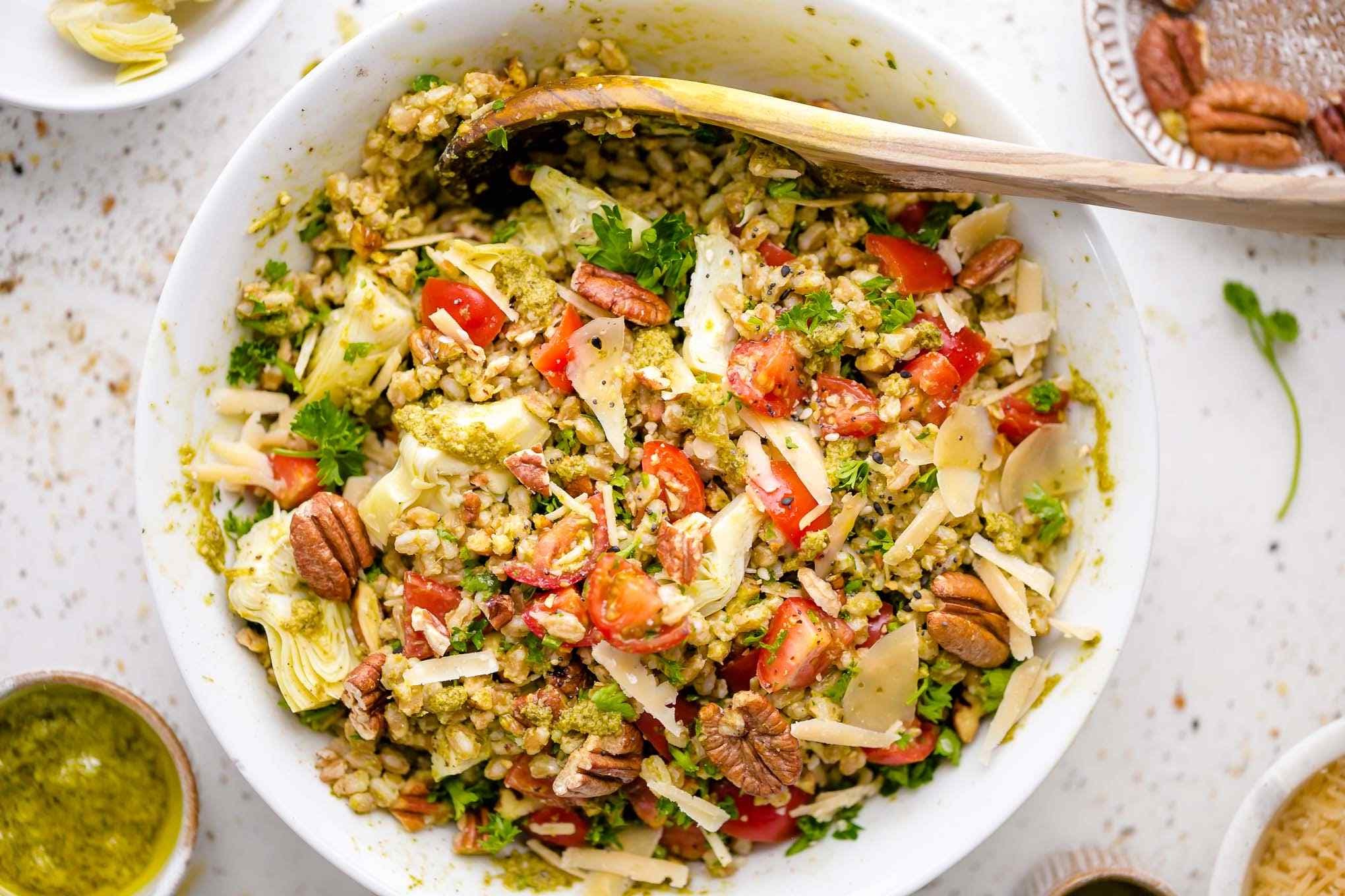 Farro with Pesto, Tomatoes and Pecans